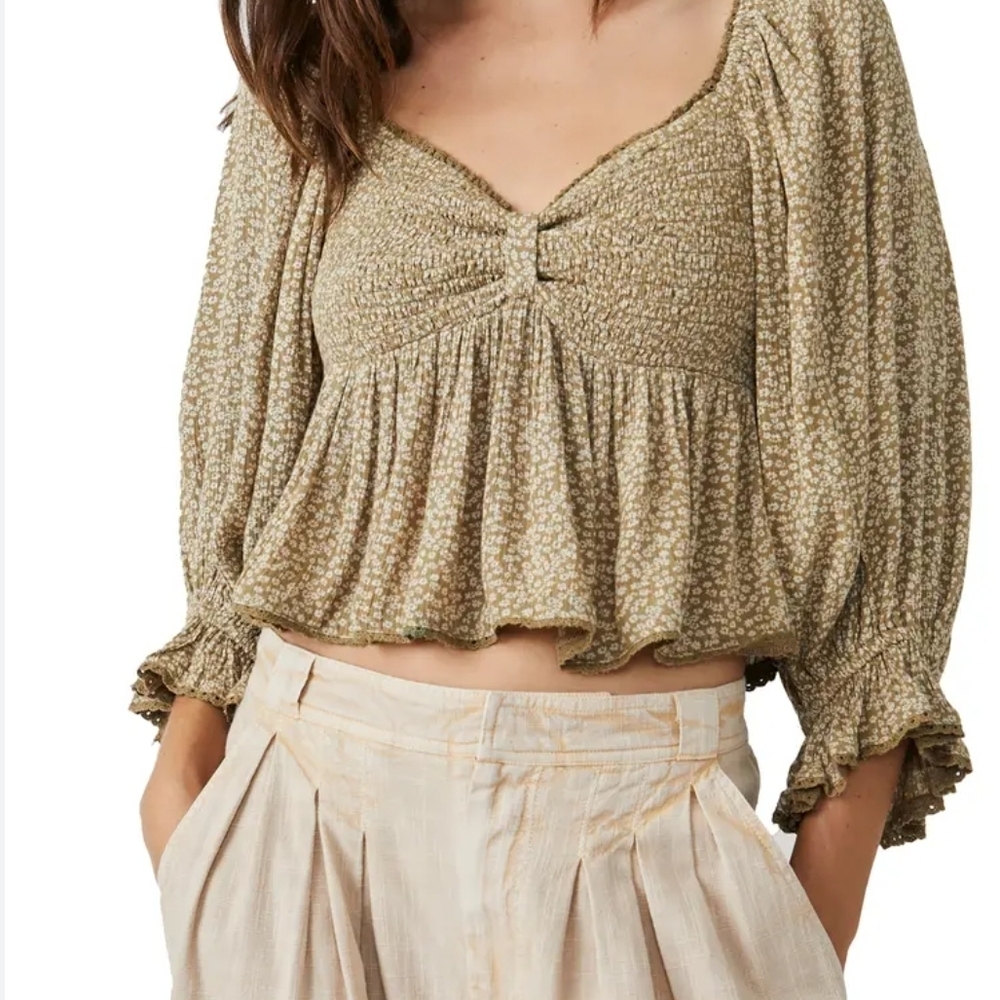 Free People Olive Floral Smocked Crop Top